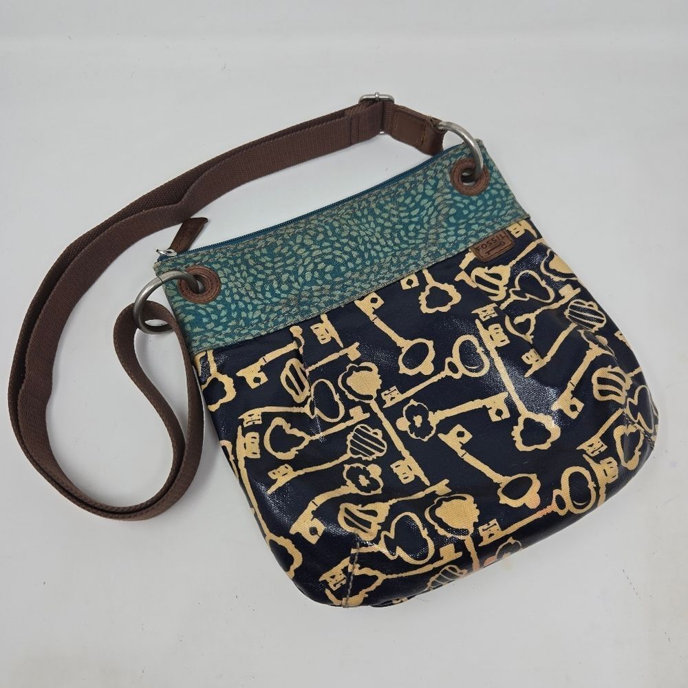 FOSSIL Key Per Crossbody Shoulder Bag Coated Canvas Adjustable Strap‎ Y2K